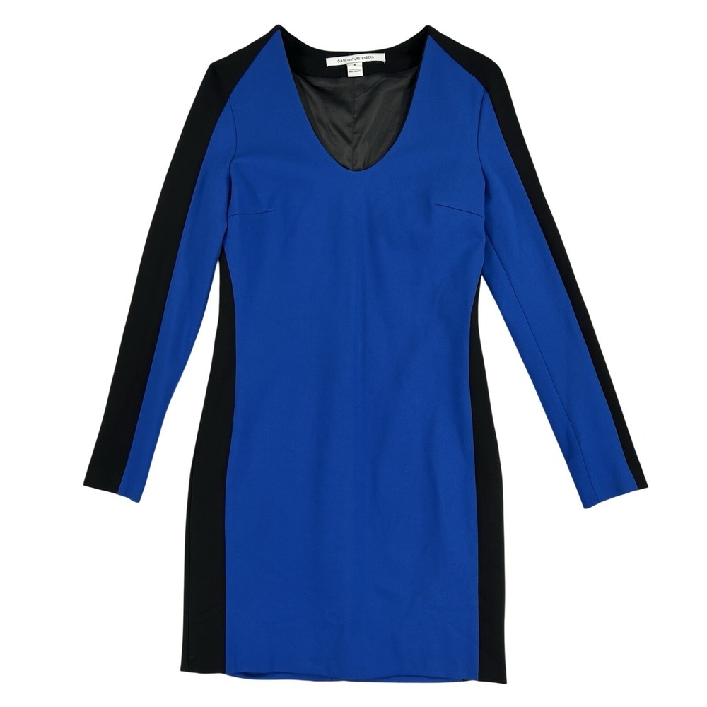 Diane von Furstenberg Blue Black Colorblock V-Neck Sheath Dress SZ 4 Long Sleeve